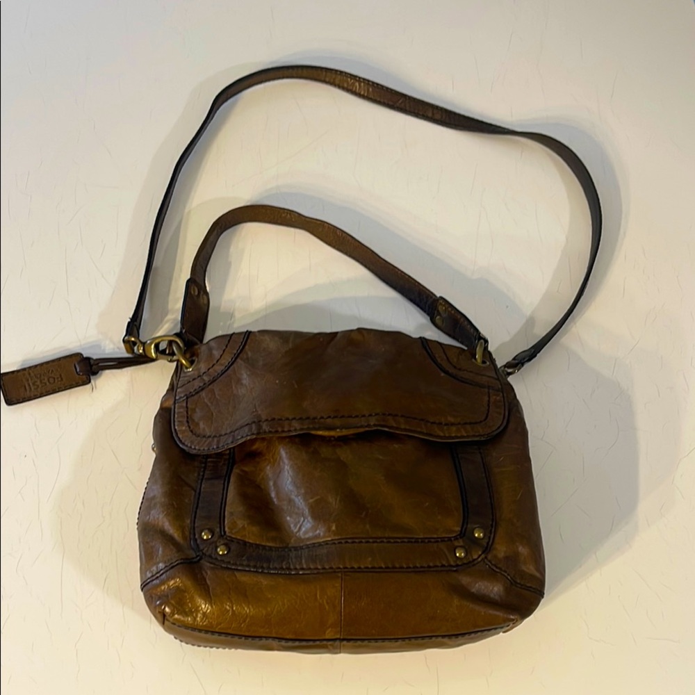 Brown Leather Crossbody Bag with Metal Hardware